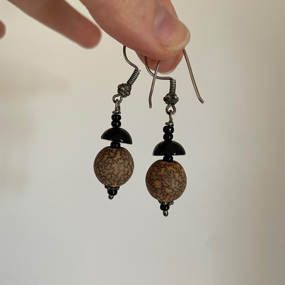 Handmade Beaded Drop Earrings, Natural Seed‎ Beads, Black Accents